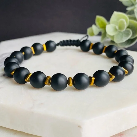 Men Matte Onyx Bracelet 8mm round beads Adjustable Cord Macrame - Picture 3 of 5